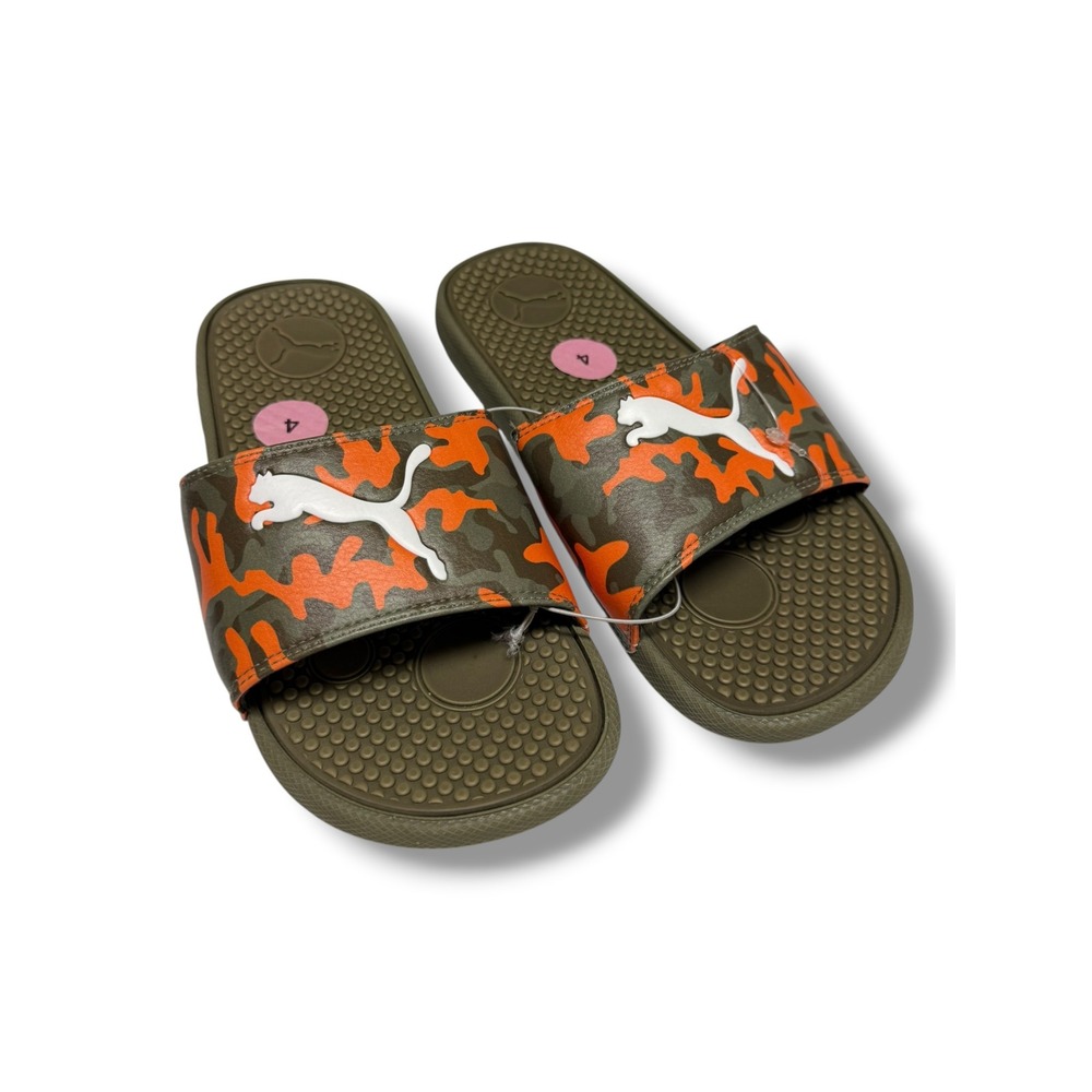 Puma Cool Cat Camo Slides‎ Kids Size 4 Olive Green Orange Camouflage Sandals NEW